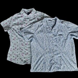 Basic Editions Floral Crisp Fabric Short-Sleeve Button Shirts Blue White Purple